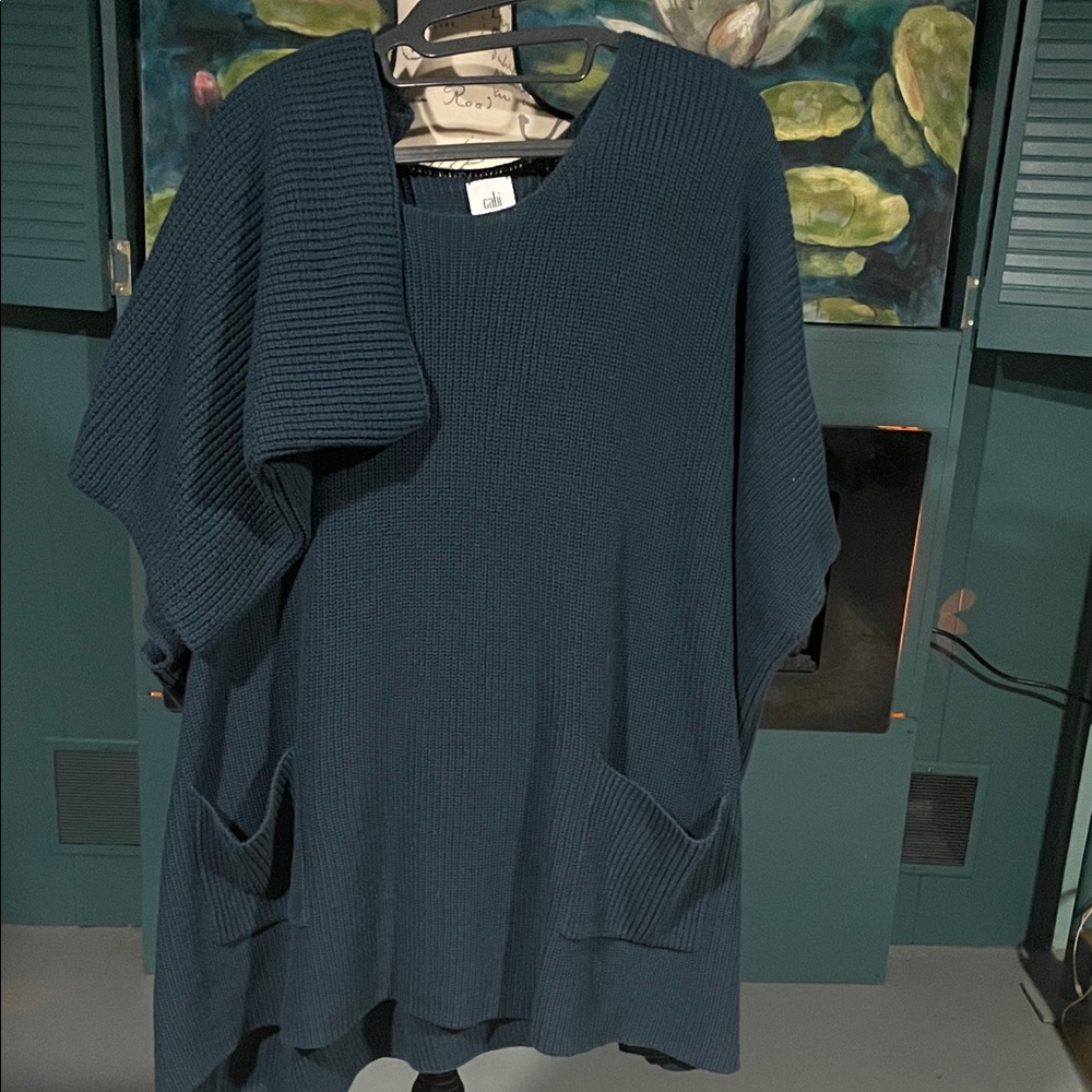 CAbi Teal Ribbed Poncho Sweater